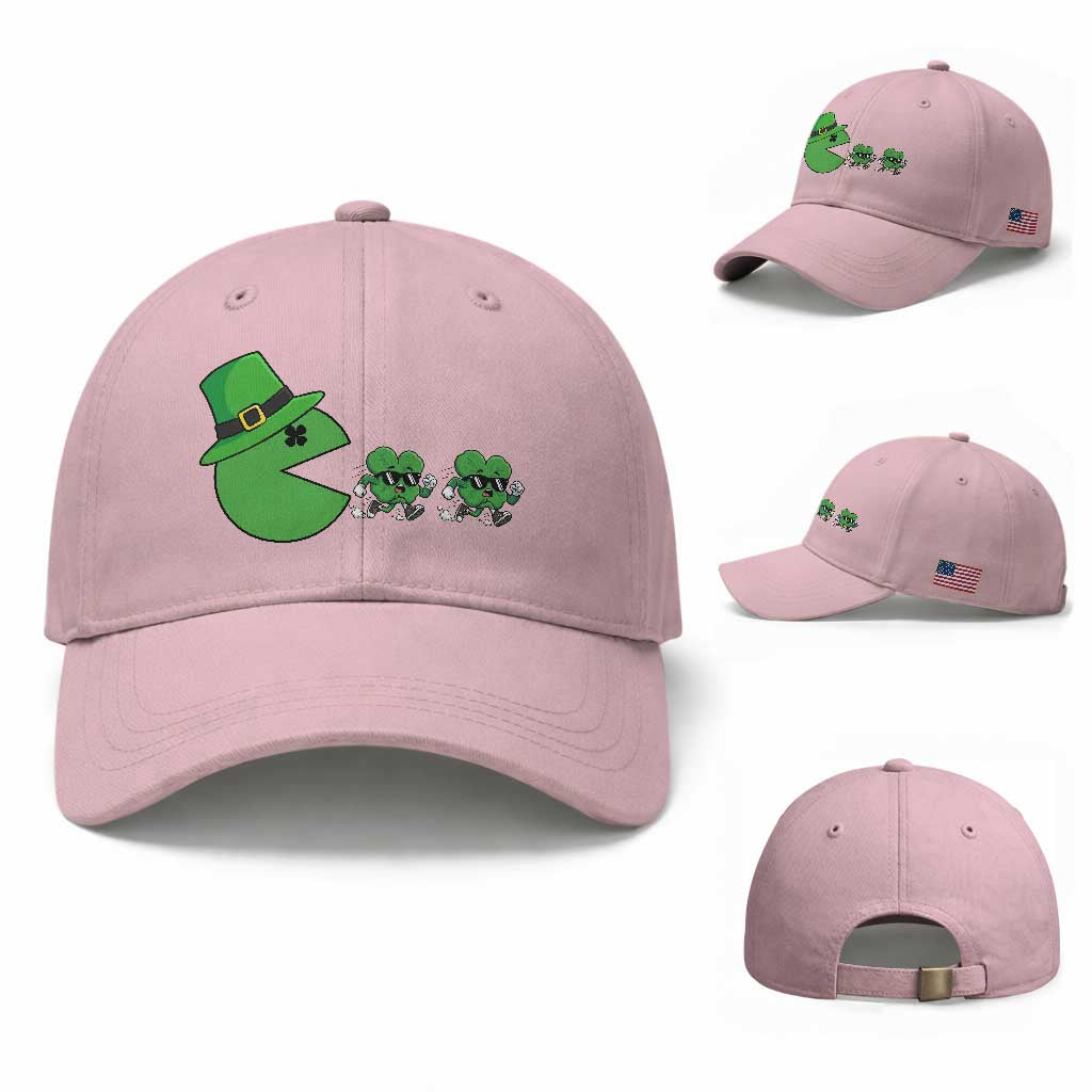 St Patricks Day Retro Gamer Eating Shamrock Lucky Gift Baseball Cap TS12 Baseball Cap Universal Fit Light Pink Print Your Wear