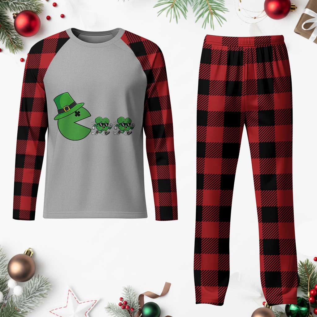 St Patricks Day Retro Gamer Eating Shamrock Lucky Gift Plaid Pajama Set TS12 Buffalo Plaid Print Your Wear