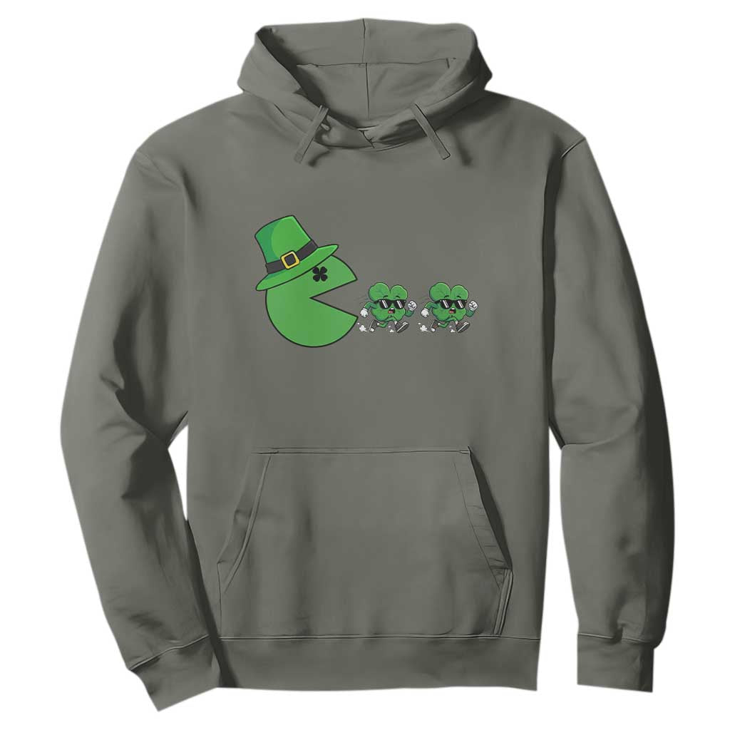 St Patricks Day Retro Gamer Eating Shamrock Lucky Gift Hoodie TS12 Military Green Print Your Wear