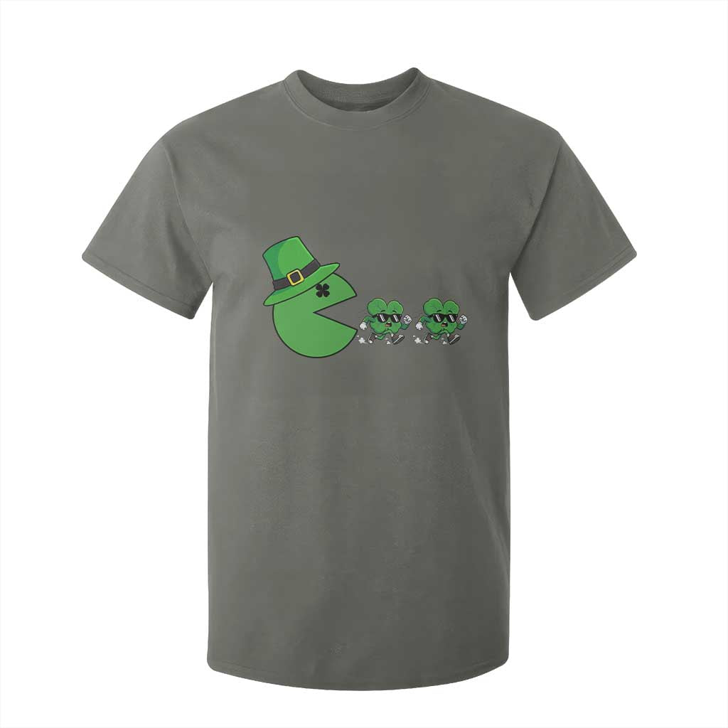 St Patricks Day Retro Gamer Eating Shamrock Lucky Gift T Shirt For Kid TS12 Military Green Print Your Wear