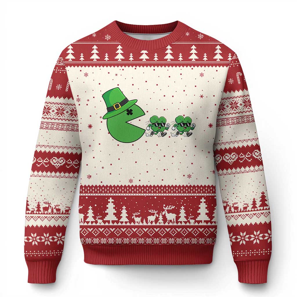 St Patricks Day Retro Gamer Eating Shamrock Lucky Gift Ugly Christmas Sweater TS12 Beige Red Print Your Wear
