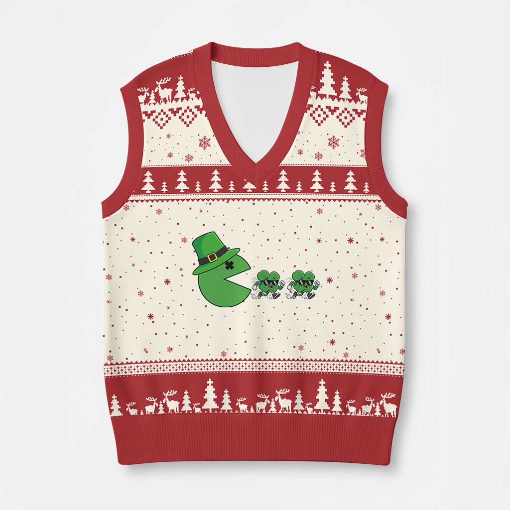 St Patricks Day Retro Gamer Eating Shamrock Lucky Gift V-Neck Knit Sweater Vest TS12 Beige Red Print Your Wear