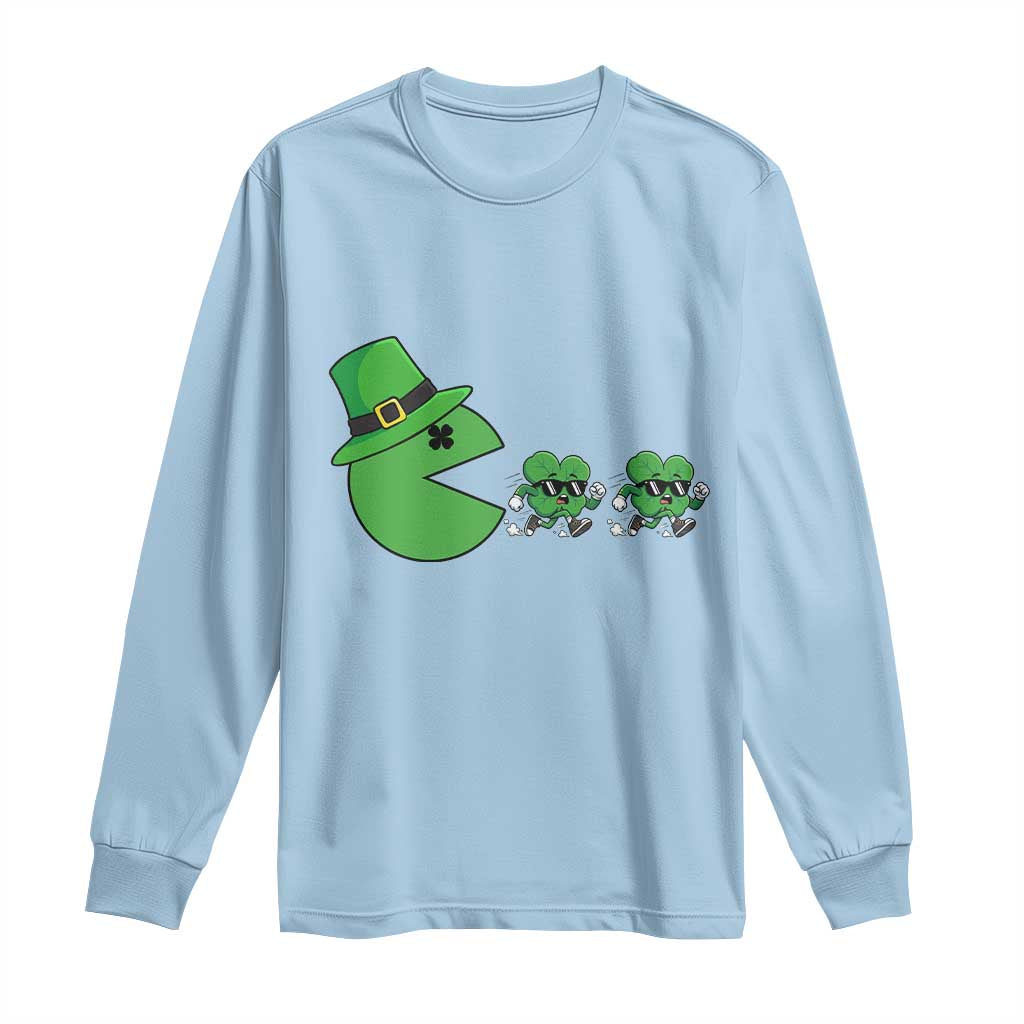 St Patricks Day Retro Gamer Eating Shamrock Lucky Gift Long Sleeve Shirt TS12 Light Blue Print Your Wear