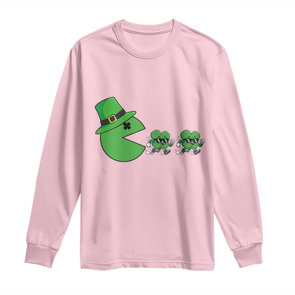 St Patricks Day Retro Gamer Eating Shamrock Lucky Gift Long Sleeve Shirt TS12 Light Pink Print Your Wear