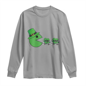 St Patricks Day Retro Gamer Eating Shamrock Lucky Gift Long Sleeve Shirt TS12 Sport Gray Print Your Wear