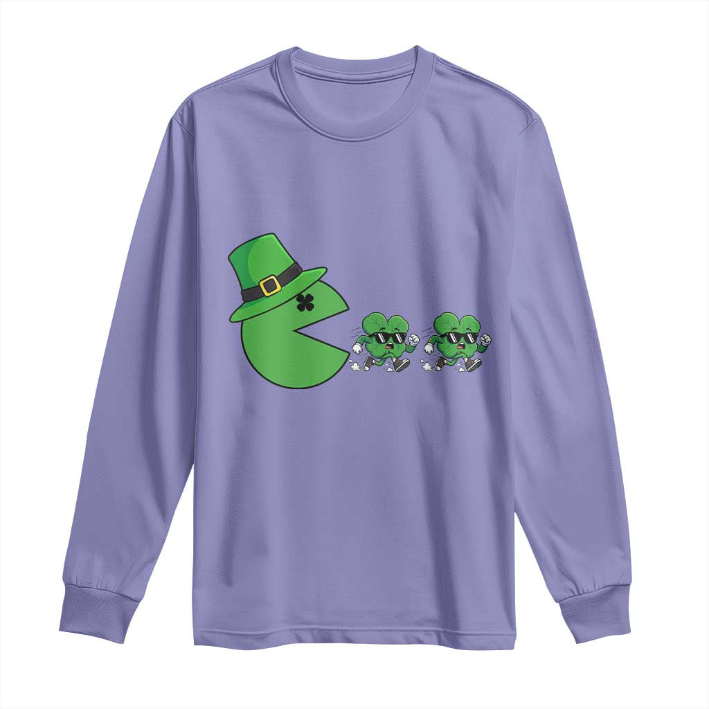 St Patricks Day Retro Gamer Eating Shamrock Lucky Gift Long Sleeve Shirt TS12 Violet Print Your Wear