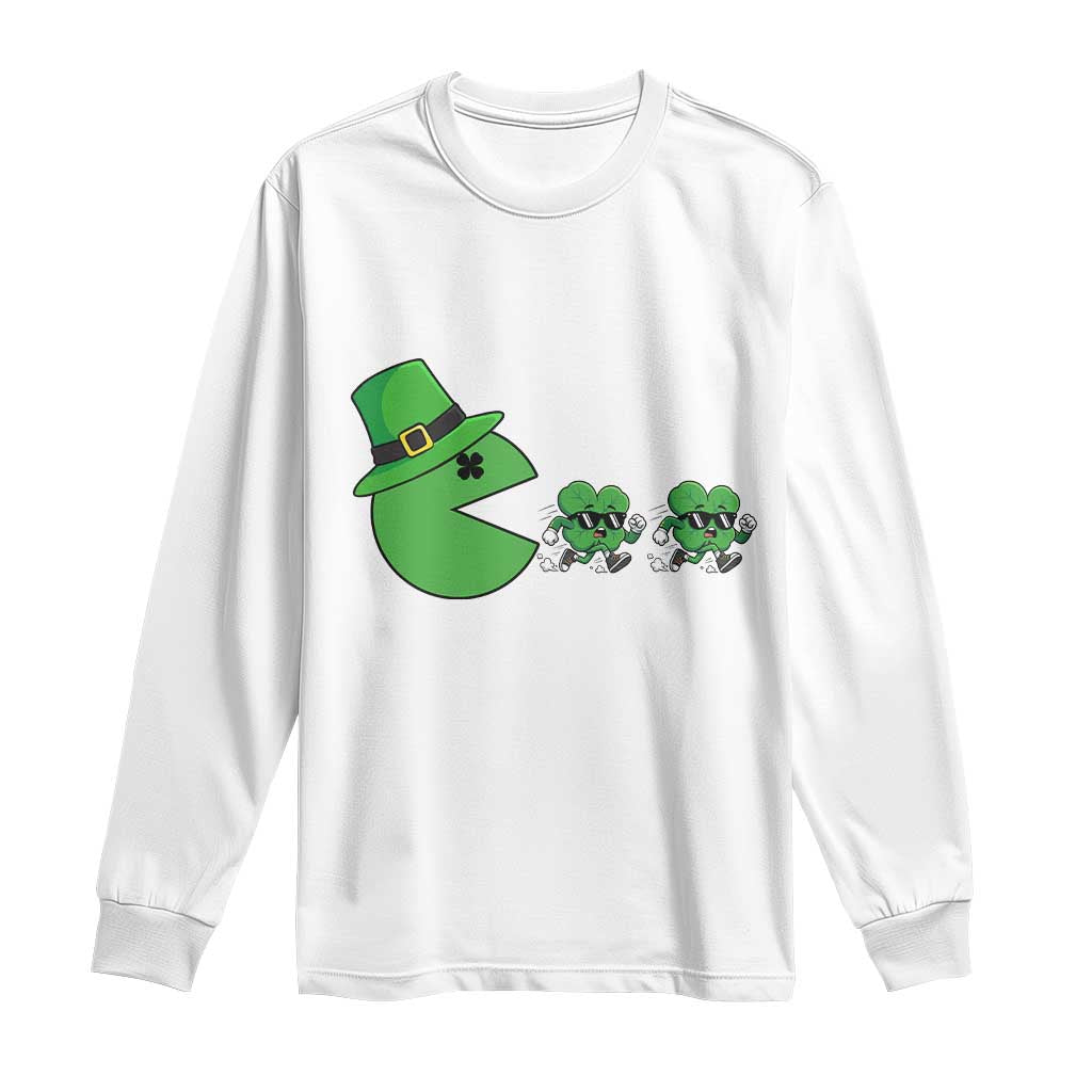 St Patricks Day Retro Gamer Eating Shamrock Lucky Gift Long Sleeve Shirt TS12 White Print Your Wear