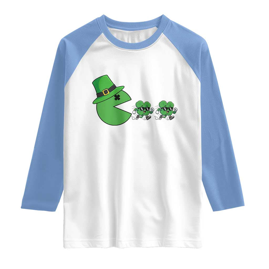 St Patricks Day Retro Gamer Eating Shamrock Lucky Gift Raglan Shirt TS12 White Carolina Blue Print Your Wear
