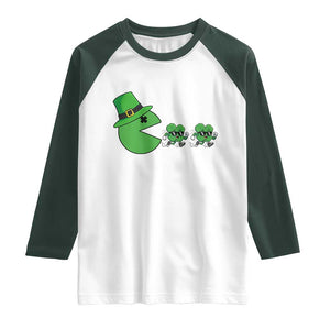 St Patricks Day Retro Gamer Eating Shamrock Lucky Gift Raglan Shirt TS12 White Dark Forest Green Print Your Wear