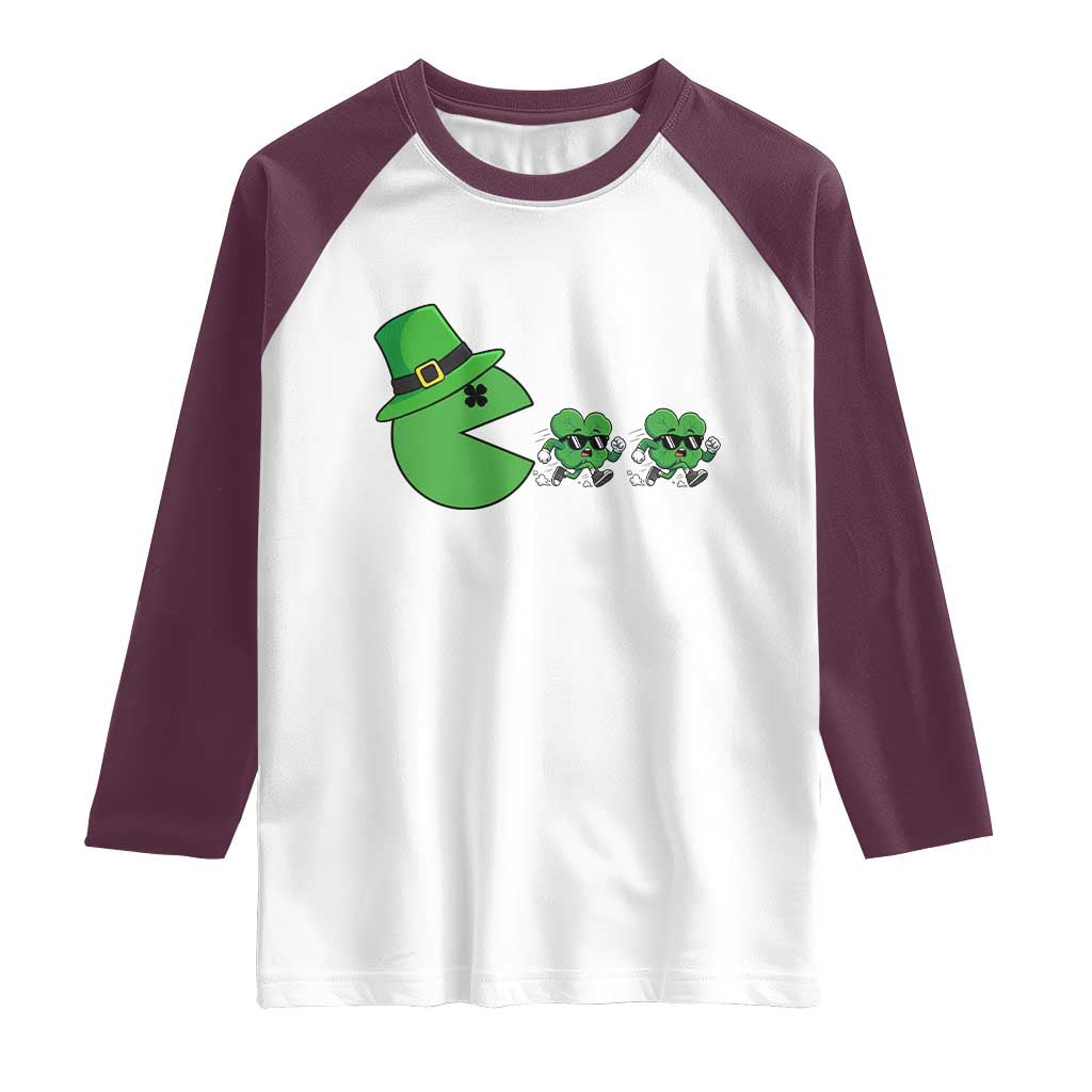 St Patricks Day Retro Gamer Eating Shamrock Lucky Gift Raglan Shirt TS12 White Maroon Print Your Wear
