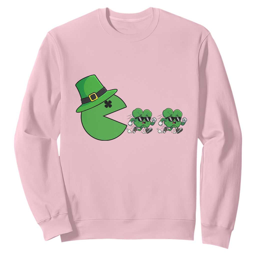 St Patricks Day Retro Gamer Eating Shamrock Lucky Gift Sweatshirt TS12 Light Pink Print Your Wear