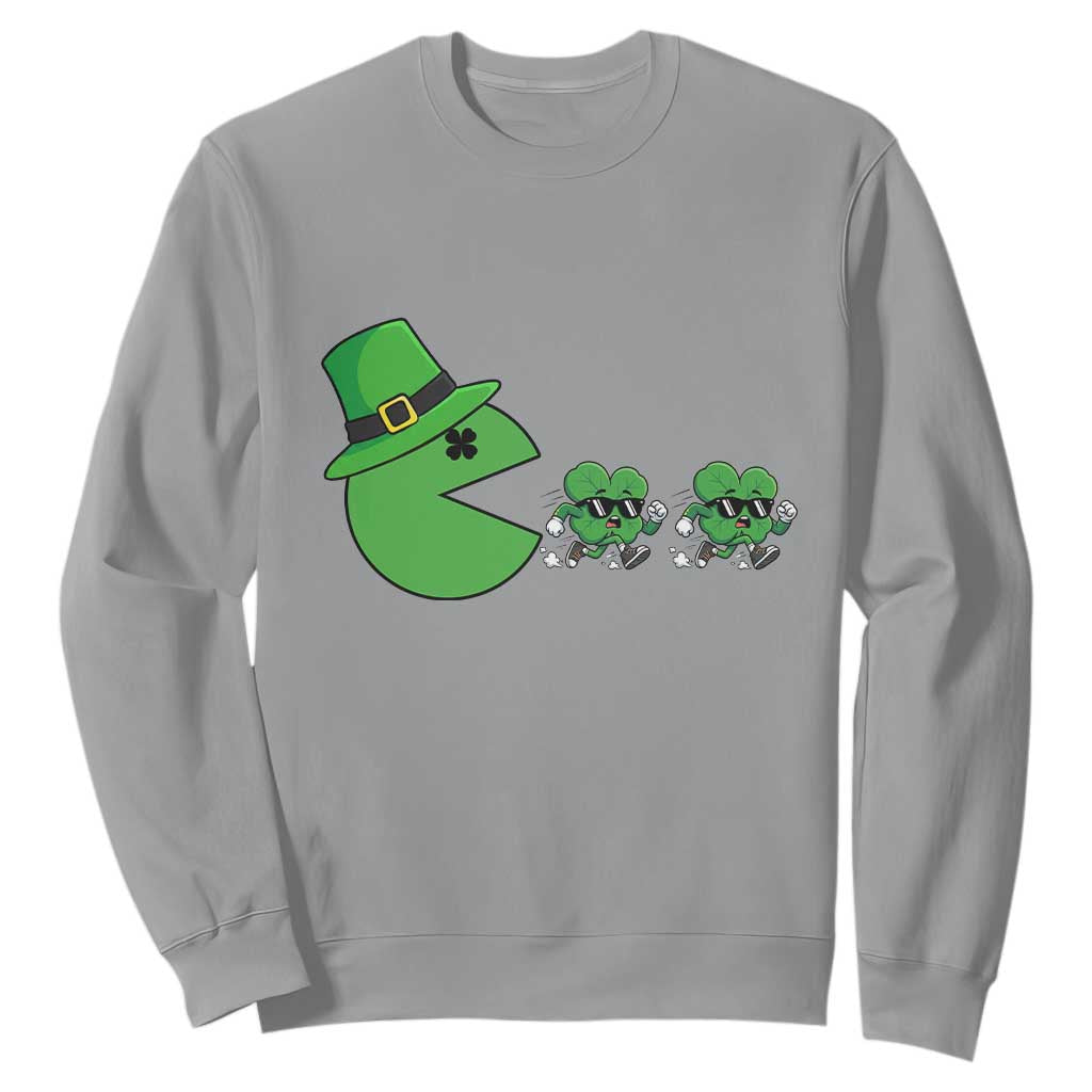 St Patricks Day Retro Gamer Eating Shamrock Lucky Gift Sweatshirt TS12 Sport Gray Print Your Wear