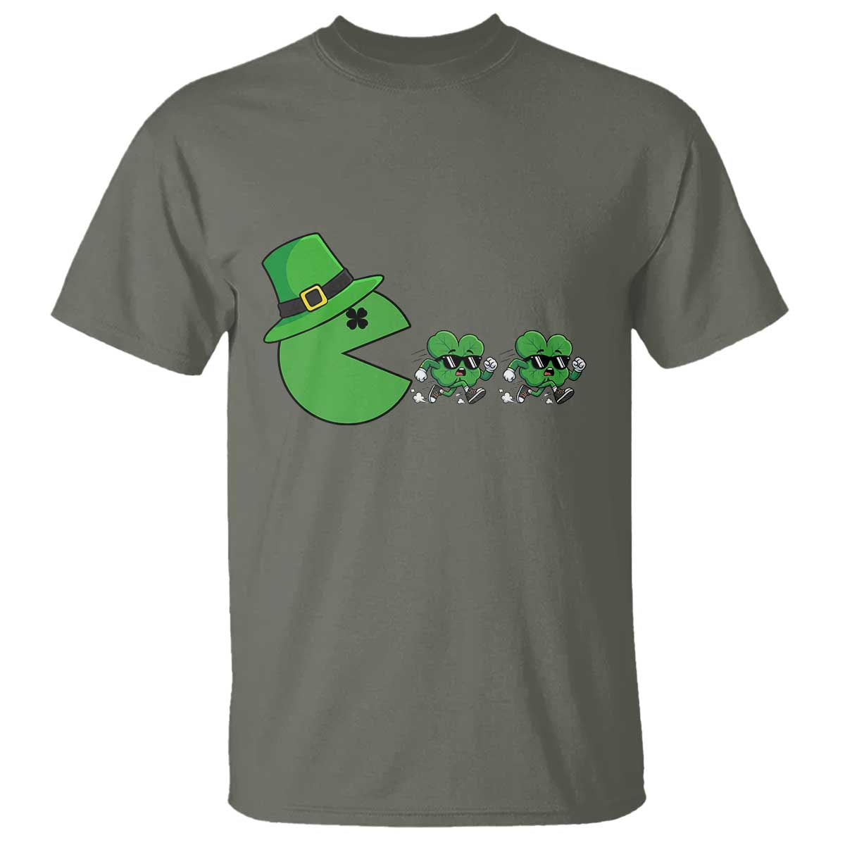 St Patricks Day Retro Gamer Eating Shamrock Lucky Gift T Shirt TS12 Military Green Print Your Wear