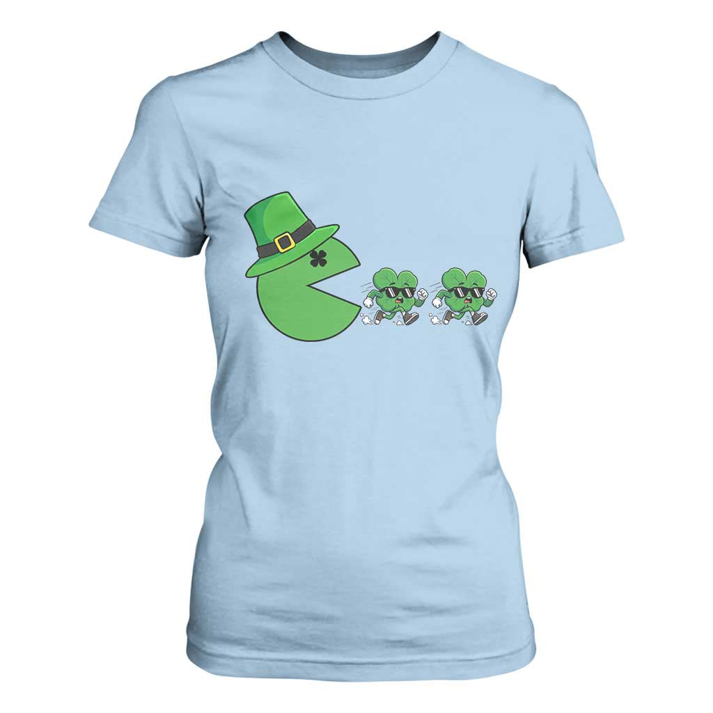 St Patricks Day Retro Gamer Eating Shamrock Lucky Gift T Shirt For Women TS12 Light Blue Print Your Wear