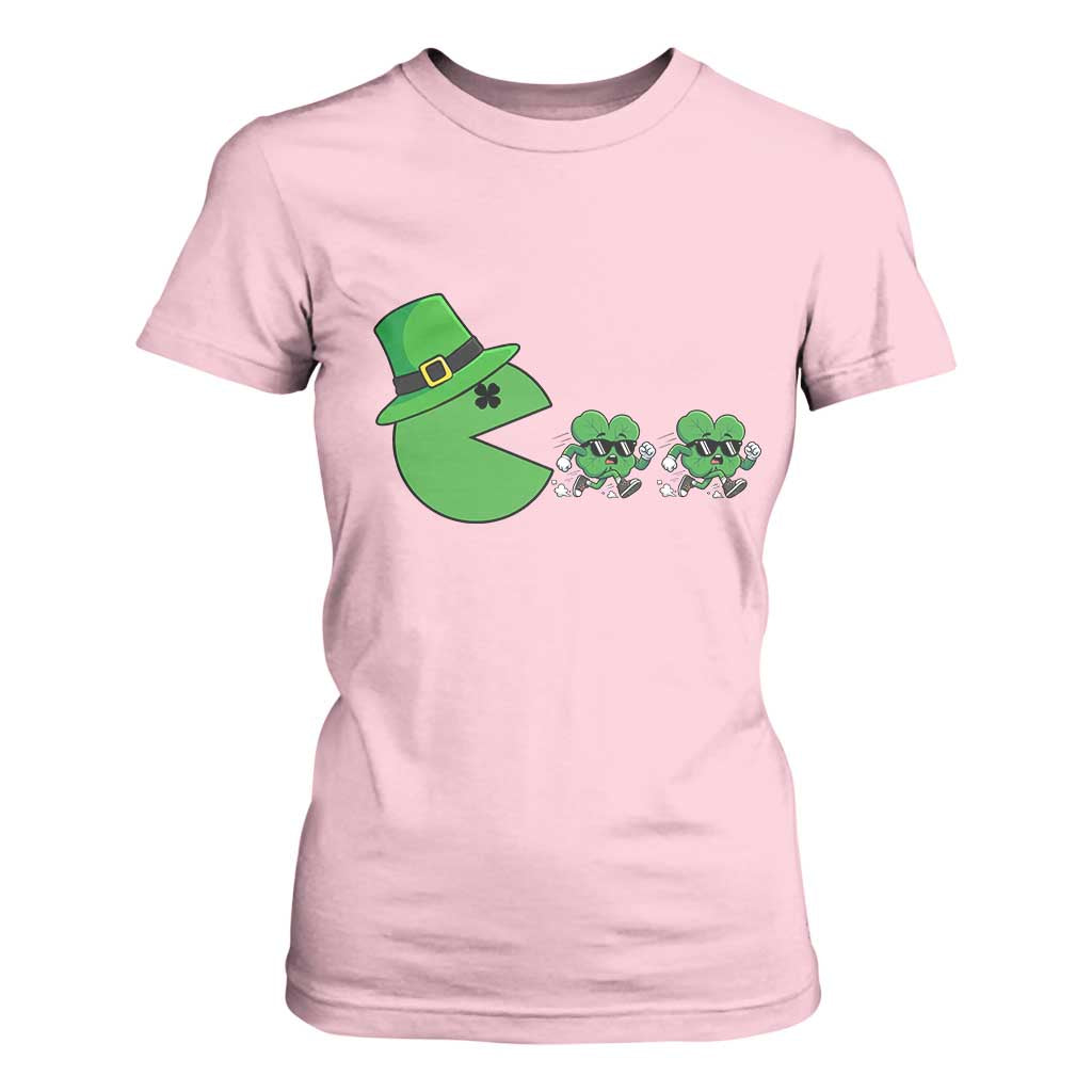 St Patricks Day Retro Gamer Eating Shamrock Lucky Gift T Shirt For Women TS12 Light Pink Print Your Wear