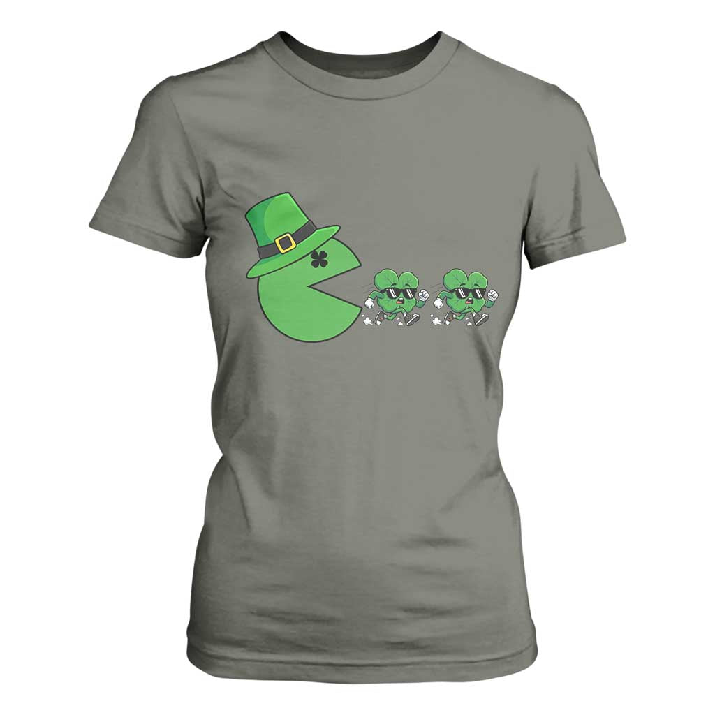 St Patricks Day Retro Gamer Eating Shamrock Lucky Gift T Shirt For Women TS12 Military Green Print Your Wear