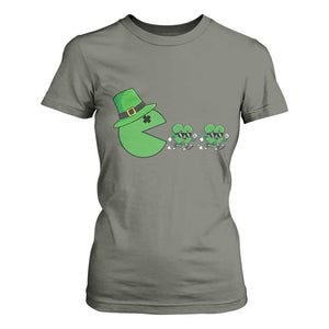 St Patricks Day Retro Gamer Eating Shamrock Lucky Gift T Shirt For Women TS12 Military Green Print Your Wear
