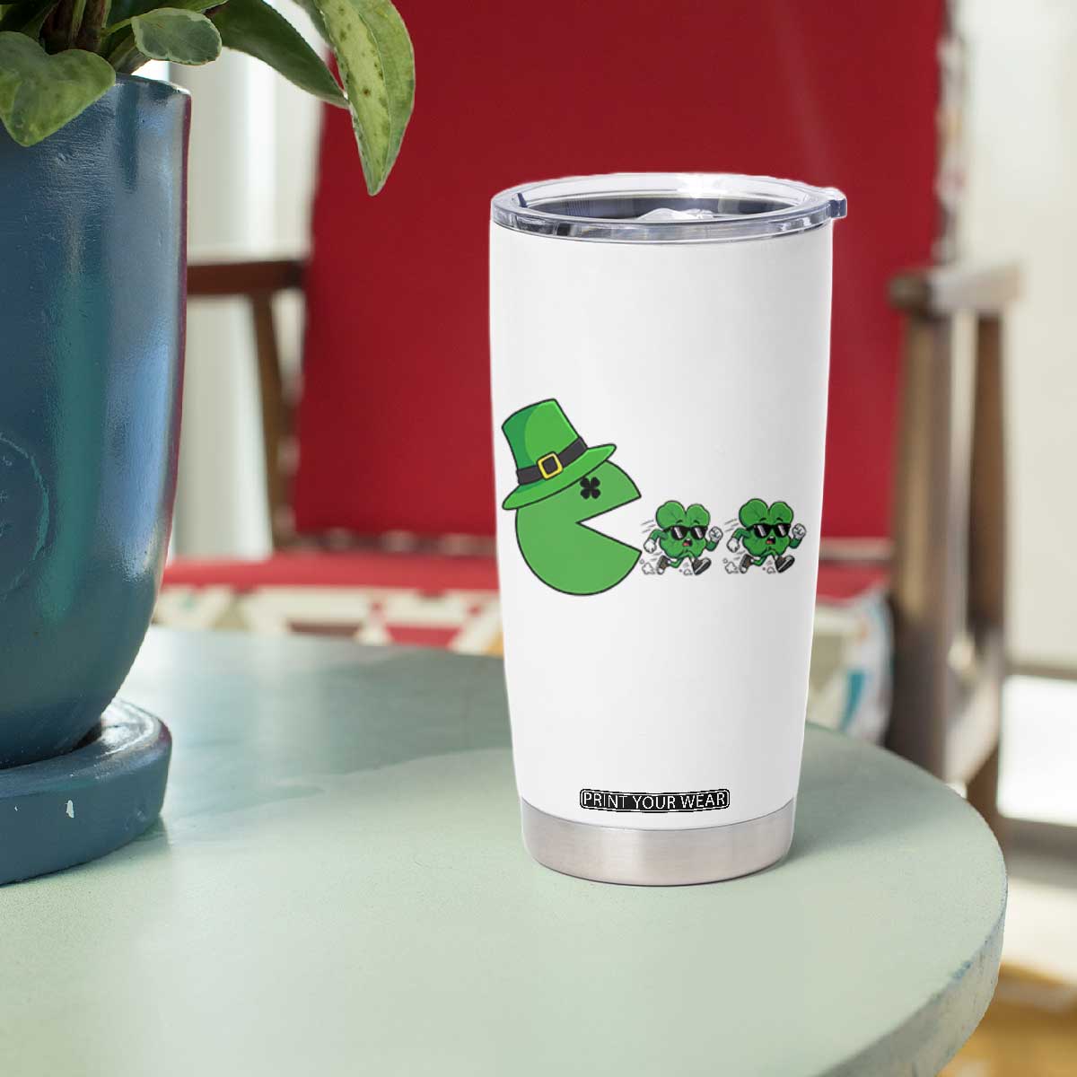 St Patricks Day Retro Gamer Eating Shamrock Lucky Gift Tumbler Cup TS12 Print Your Wear
