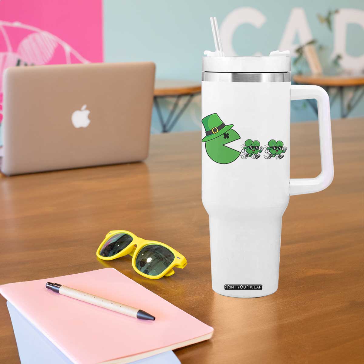 St Patricks Day Retro Gamer Eating Shamrock Lucky Gift Tumbler With Handle TS12 Print Your Wear