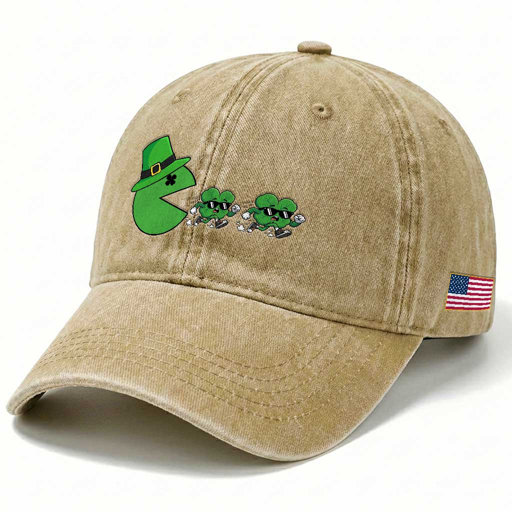 St Patricks Day Retro Gamer Eating Shamrock Lucky Gift Washed Cotton Baseball Cap TS12 Print Your Wear