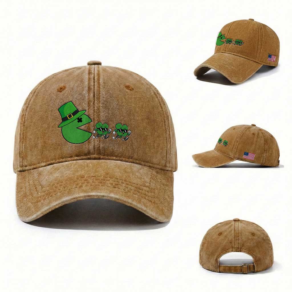 St Patricks Day Retro Gamer Eating Shamrock Lucky Gift Washed Cotton Baseball Cap TS12 Washed Cap Universal Fit Yellow Ochre Print Your Wear