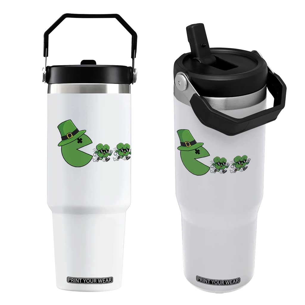St Patricks Day Retro Gamer Eating Shamrock Lucky Gift Flip Straw Tumbler TS12 One Size: 30 oz White Print Your Wear