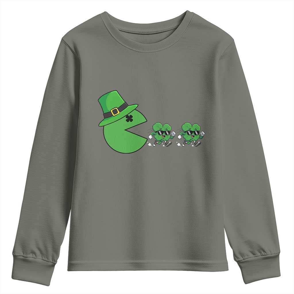 St Patricks Day Retro Gamer Eating Shamrock Lucky Gift Youth Sweatshirt TS12 Military Green Print Your Wear