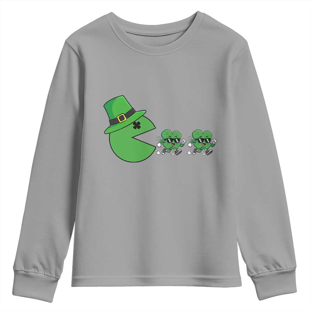 St Patricks Day Retro Gamer Eating Shamrock Lucky Gift Youth Sweatshirt TS12 Sport Gray Print Your Wear