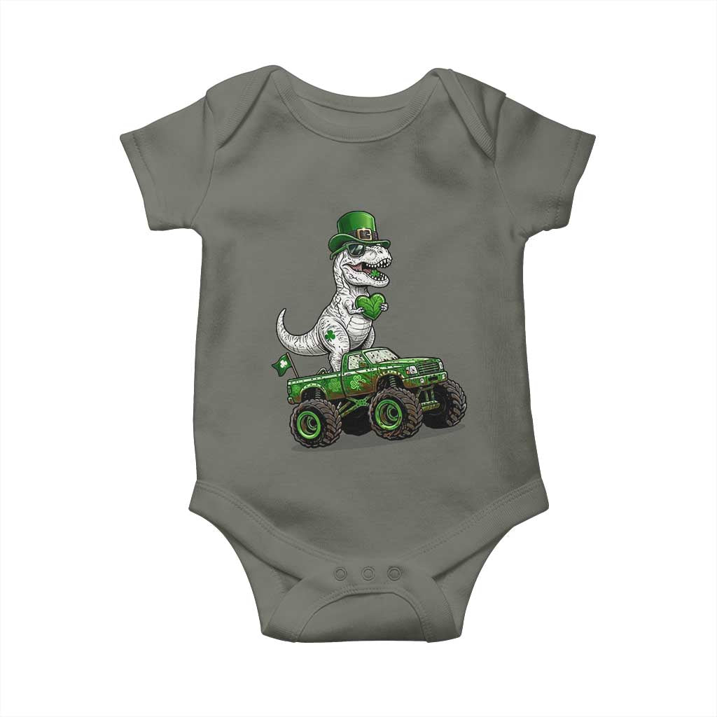 Funny St Patricks Day Dinosaur Truck Baby Onesie Lucky Dino Gift TS12 Military Green Print Your Wear