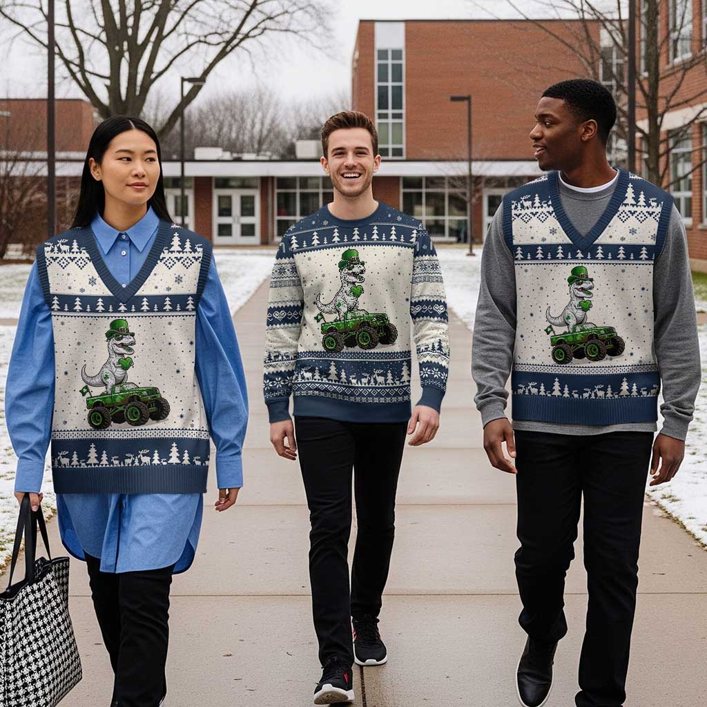 Funny St Patricks Day Dinosaur Truck V-Neck Knit Sweater Vest Lucky Dino Gift TS12 Beige Navy Print Your Wear