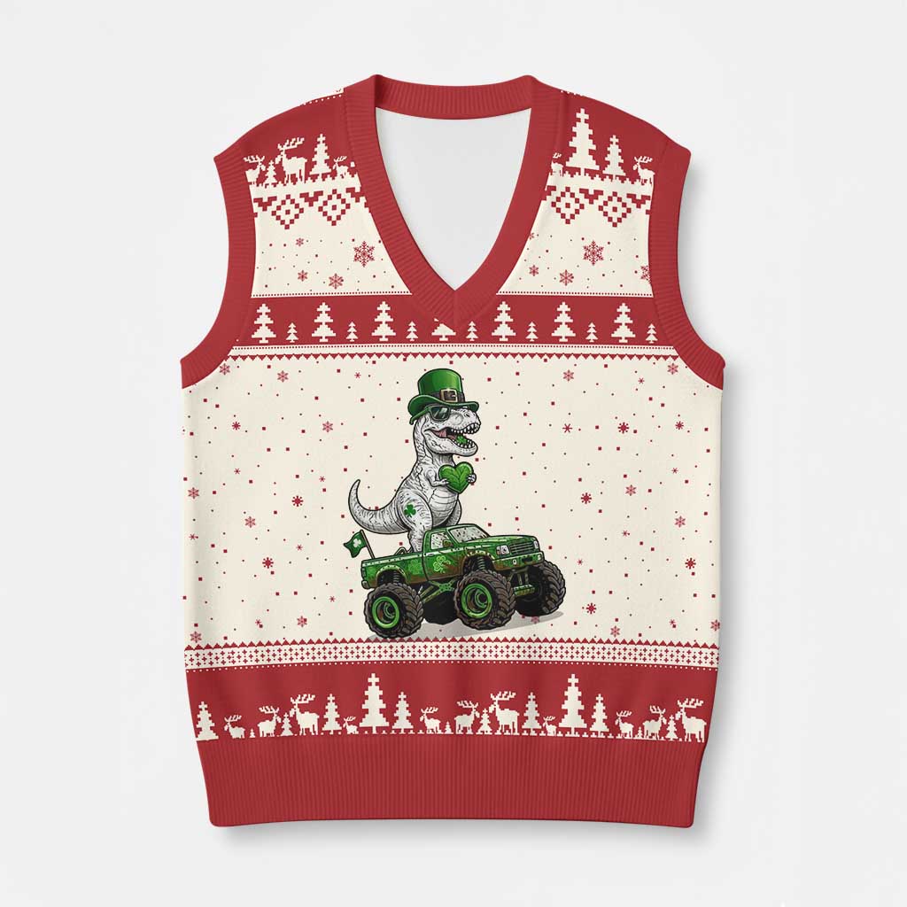 Funny St Patricks Day Dinosaur Truck V-Neck Knit Sweater Vest Lucky Dino Gift TS12 Beige Red Print Your Wear
