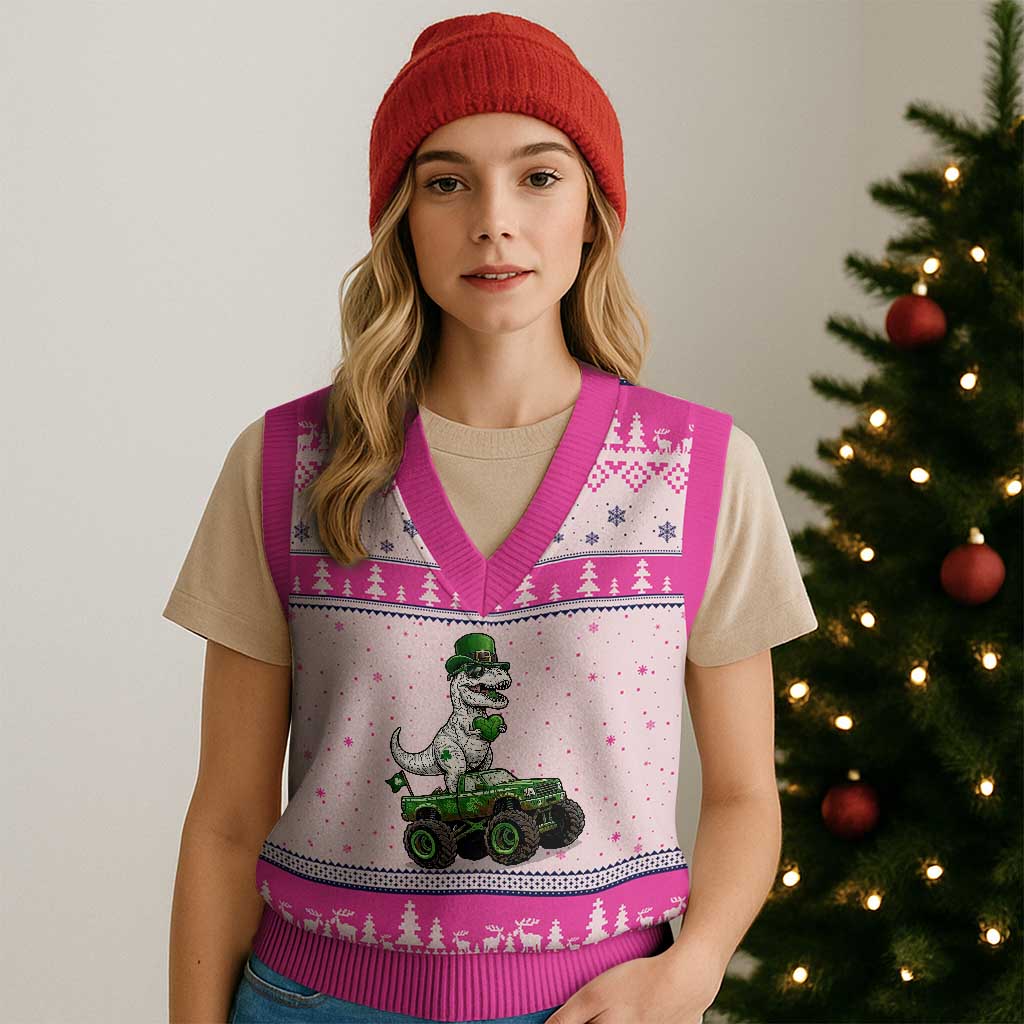 Funny St Patricks Day Dinosaur Truck V-Neck Knit Sweater Vest Lucky Dino Gift TS12 Hot Pink Print Your Wear