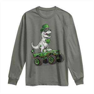 Funny St Patricks Day Dinosaur Truck Long Sleeve Shirt Lucky Dino Gift TS12 Military Green Print Your Wear