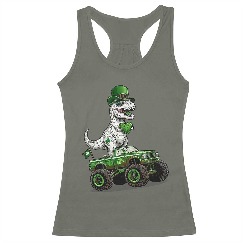 Funny St Patricks Day Dinosaur Truck Racerback Tank Top Lucky Dino Gift TS12 Military Green Print Your Wear