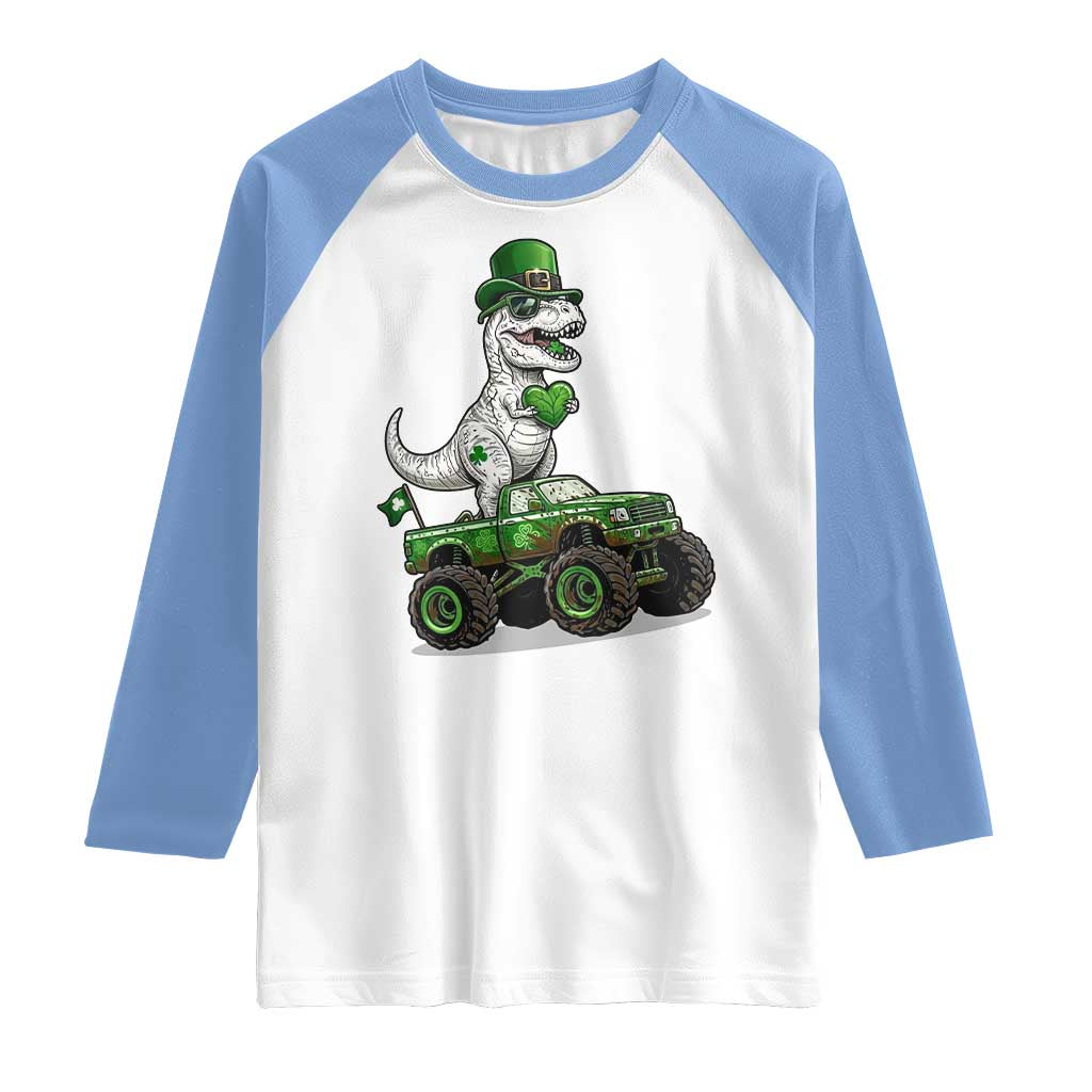 Funny St Patricks Day Dinosaur Truck Raglan Shirt Lucky Dino Gift TS12 White Carolina Blue Print Your Wear