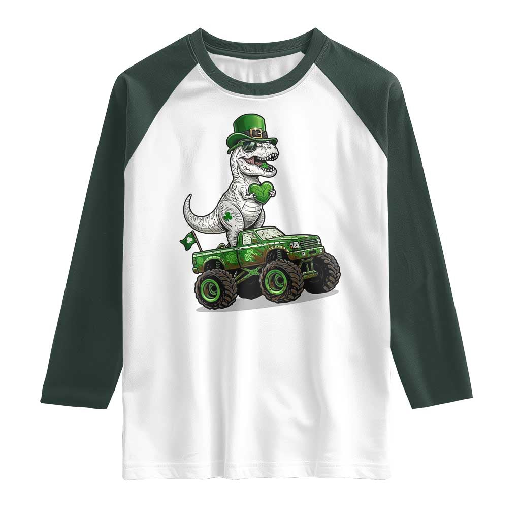 Funny St Patricks Day Dinosaur Truck Raglan Shirt Lucky Dino Gift TS12 White Dark Forest Green Print Your Wear