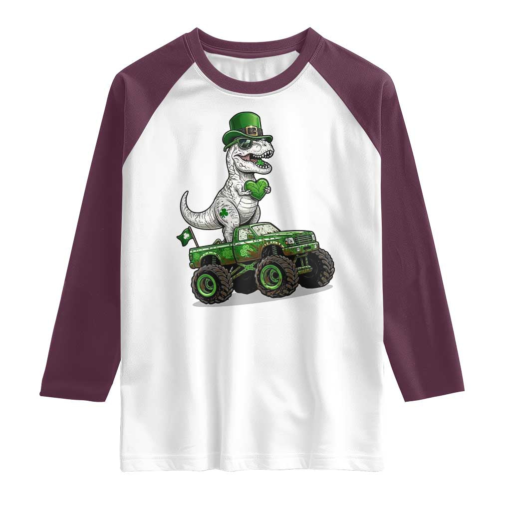 Funny St Patricks Day Dinosaur Truck Raglan Shirt Lucky Dino Gift TS12 White Maroon Print Your Wear