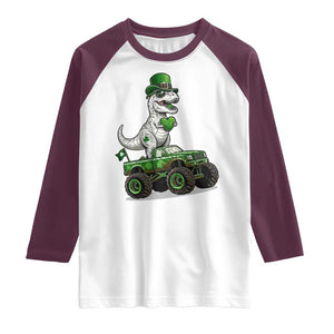 Funny St Patricks Day Dinosaur Truck Raglan Shirt Lucky Dino Gift TS12 White Maroon Print Your Wear