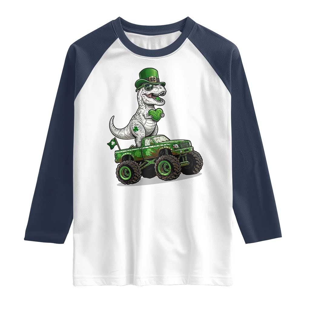 Funny St Patricks Day Dinosaur Truck Raglan Shirt Lucky Dino Gift TS12 White Navy Print Your Wear