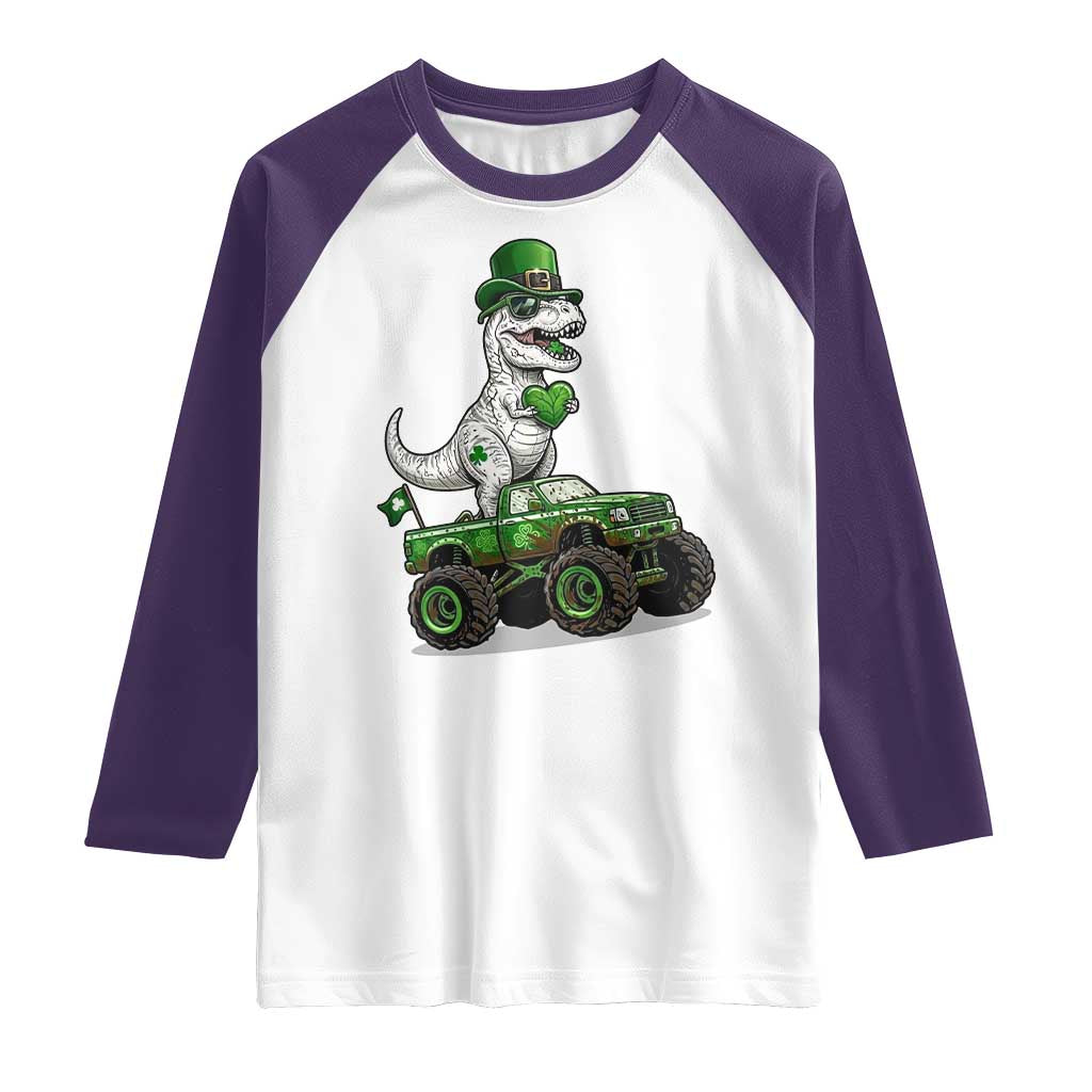 Funny St Patricks Day Dinosaur Truck Raglan Shirt Lucky Dino Gift TS12 White Purple Print Your Wear