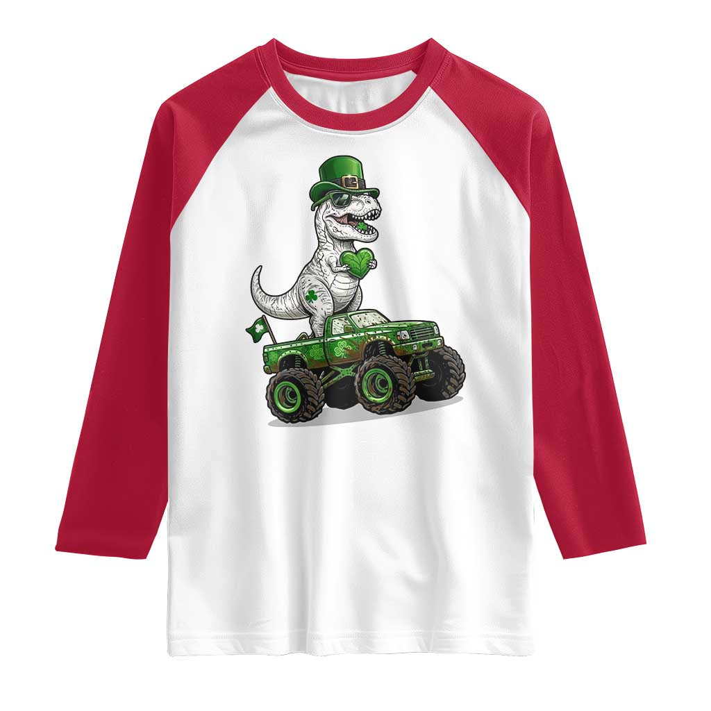 Funny St Patricks Day Dinosaur Truck Raglan Shirt Lucky Dino Gift TS12 White Red Print Your Wear