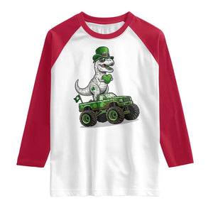 Funny St Patricks Day Dinosaur Truck Raglan Shirt Lucky Dino Gift TS12 White Red Print Your Wear