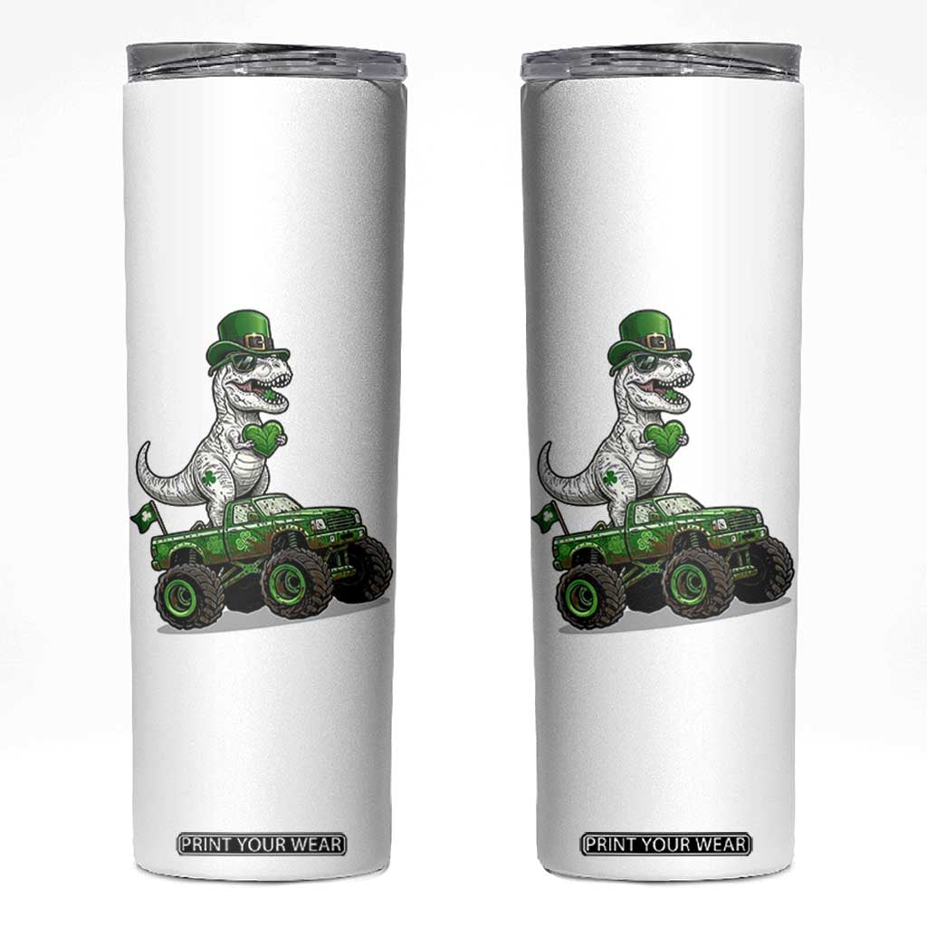 Funny St Patricks Day Dinosaur Truck Skinny Tumbler Lucky Dino Gift TS12 White Print Your Wear