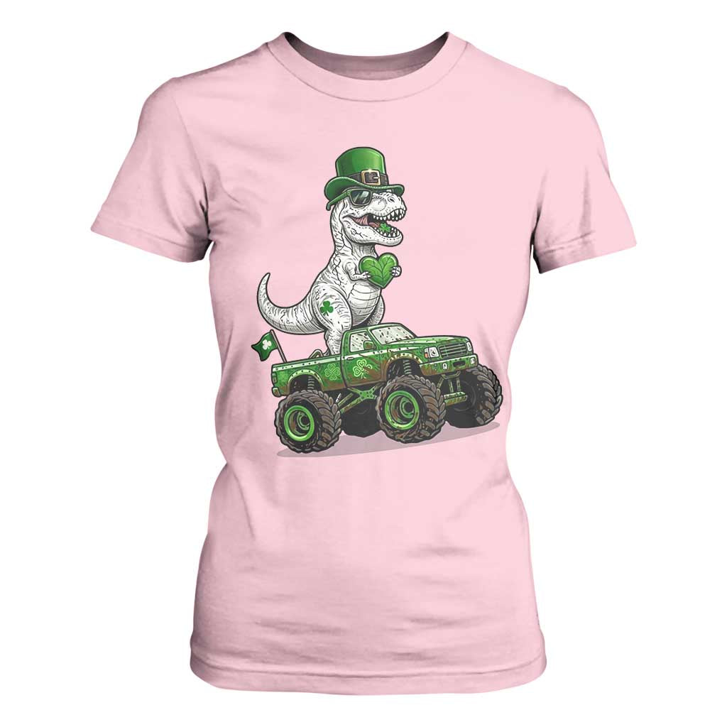 Funny St Patricks Day Dinosaur Truck T Shirt For Women Lucky Dino Gift TS12 Light Pink Print Your Wear