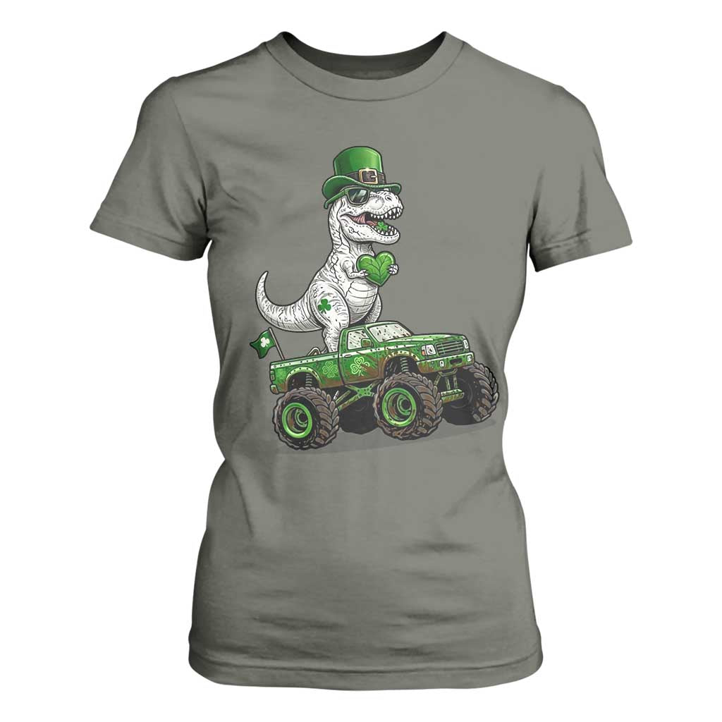 Funny St Patricks Day Dinosaur Truck T Shirt For Women Lucky Dino Gift TS12 Military Green Print Your Wear