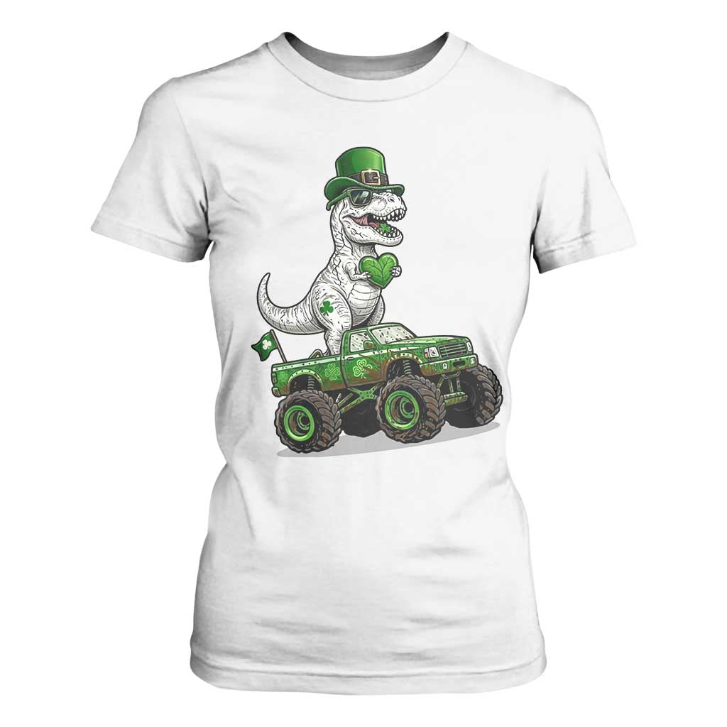 Funny St Patricks Day Dinosaur Truck T Shirt For Women Lucky Dino Gift TS12 White Print Your Wear
