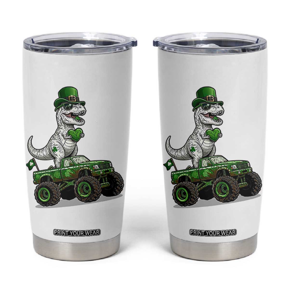 Funny St Patricks Day Dinosaur Truck Tumbler Cup Lucky Dino Gift TS12 White Print Your Wear