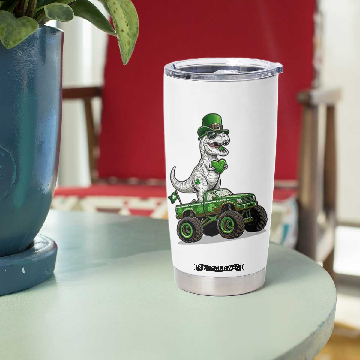 Funny St Patricks Day Dinosaur Truck Tumbler Cup Lucky Dino Gift TS12 Print Your Wear