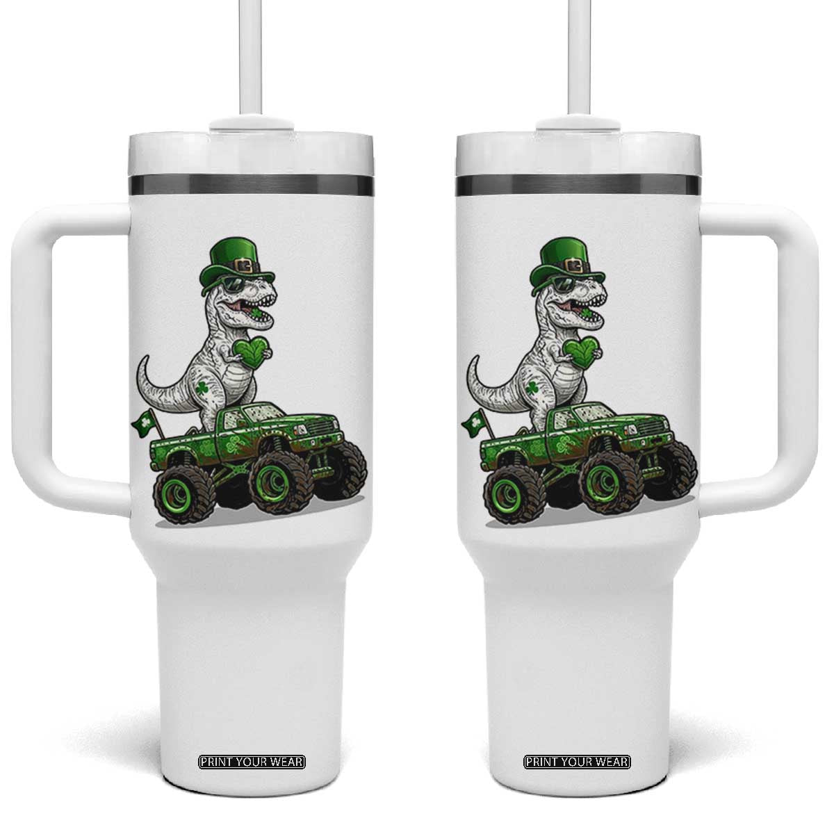Funny St Patricks Day Dinosaur Truck Tumbler With Handle Lucky Dino Gift TS12 One Size: 40 oz White Print Your Wear