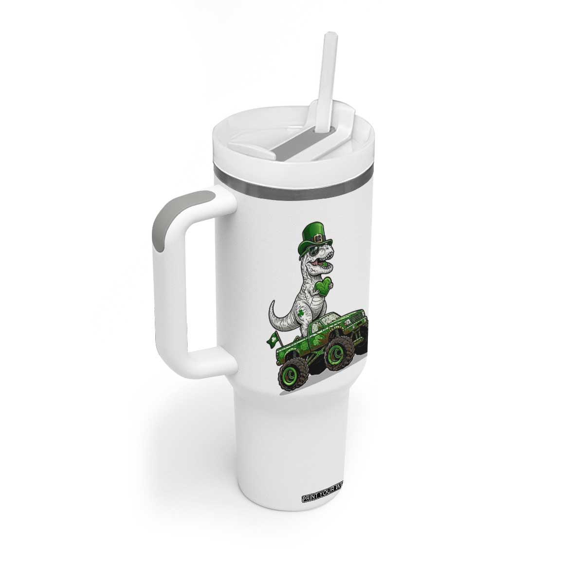 Funny St Patricks Day Dinosaur Truck Tumbler With Handle Lucky Dino Gift TS12 Print Your Wear